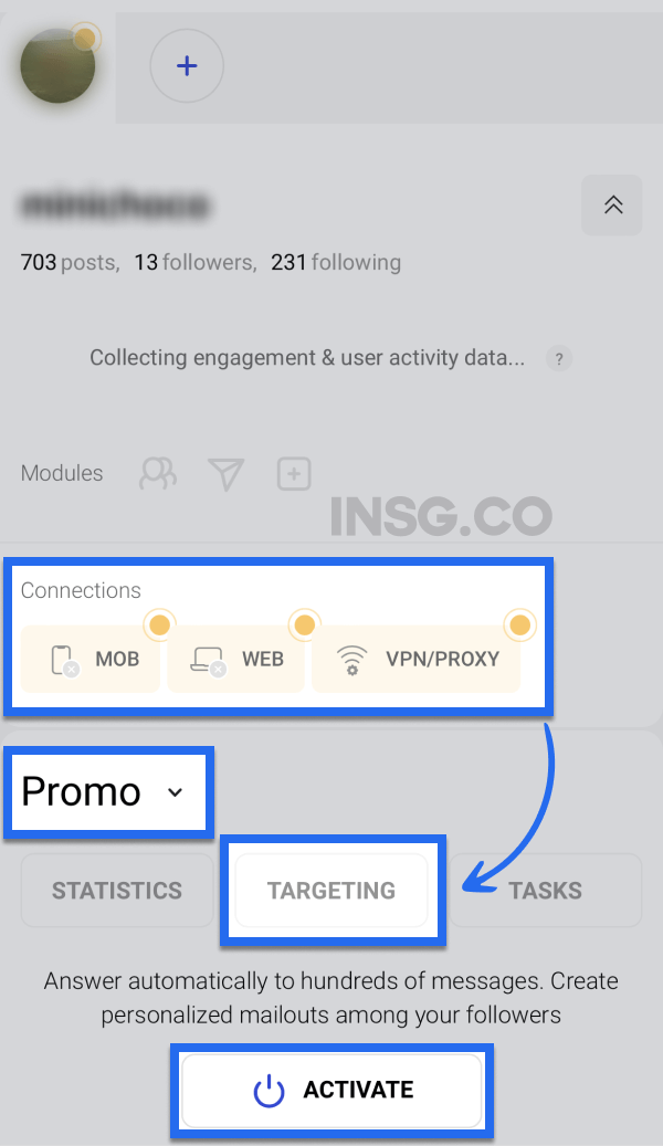 Instagram automation mobile dashboard showing PVN and proxy connexion for activation