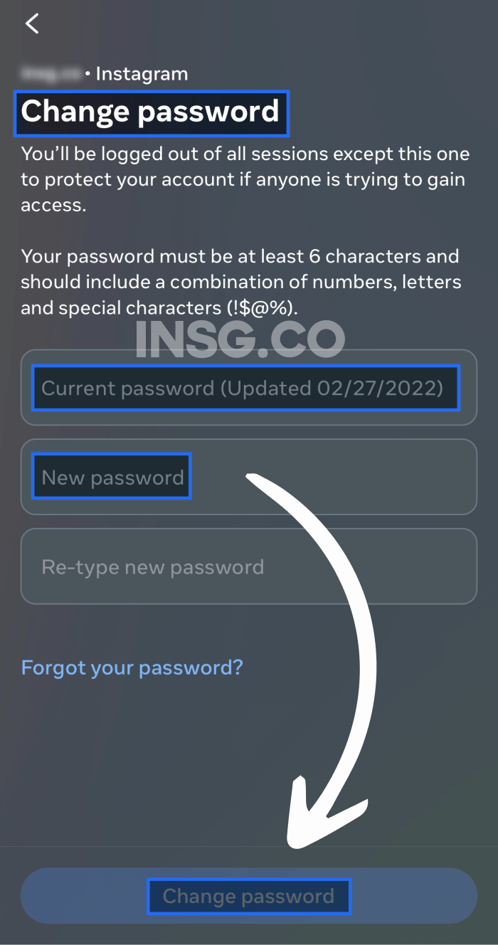 Change your Instagram password with your current and old password options