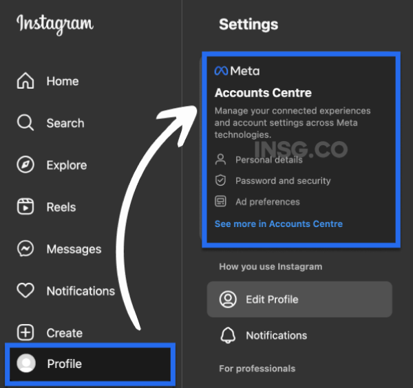 Meta accounts centre to change your Instagram URL on desktop