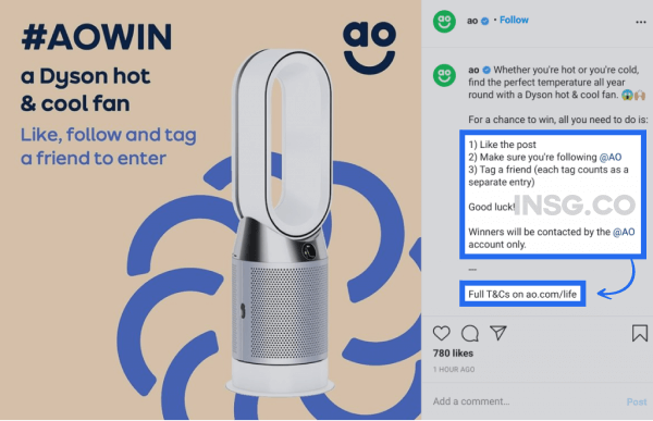 Instagram giveaway caption with all rules and terms and conditions link