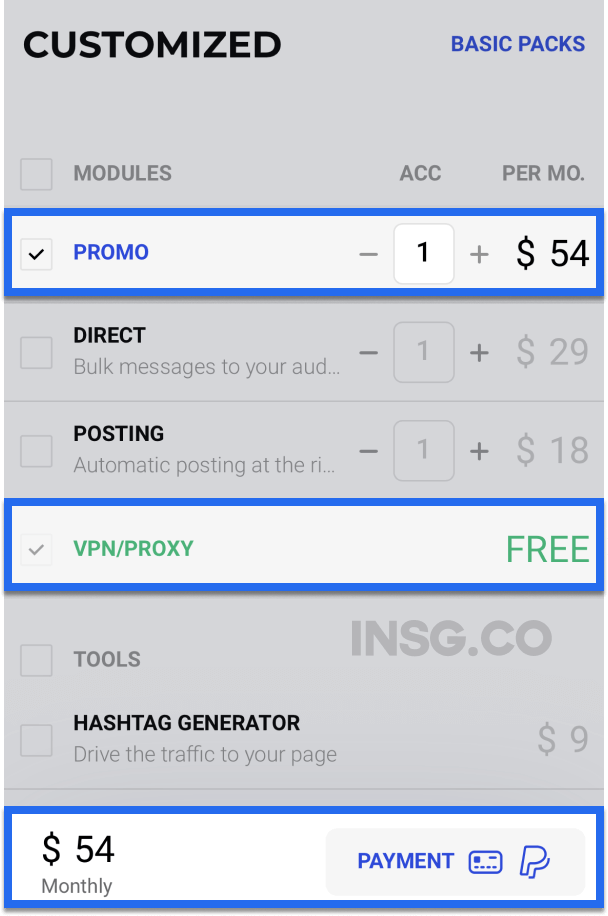 Free VPN option when you are buying a pack of Instagram Automation