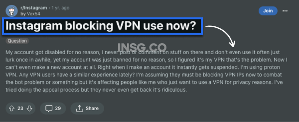 A thread from an user on Reddit explaining how Instagram is now blocking VPN usage