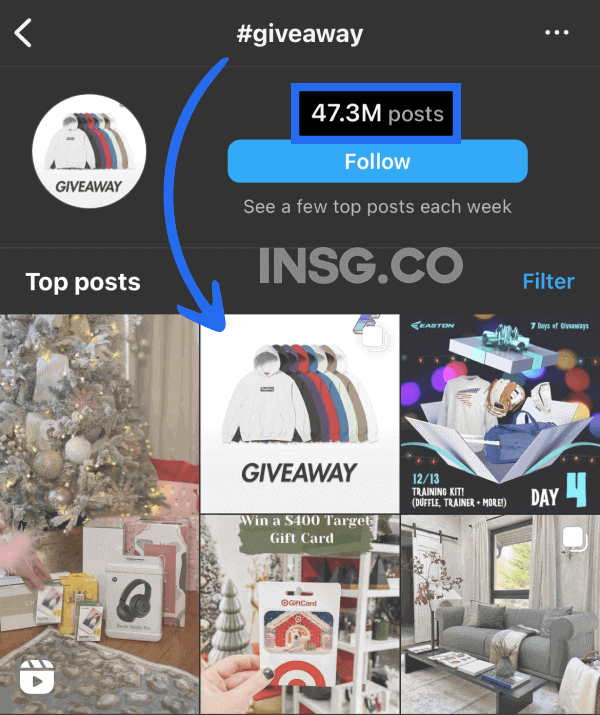 The hashtag search results on Instagram by typing giveaway