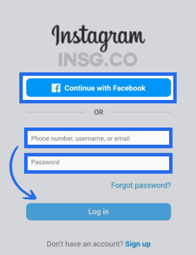 Instagram login screen where you can login with phone number