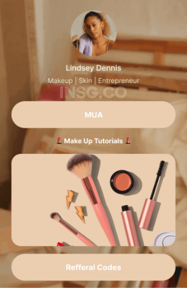 A random link in bio tool page from a beauty makeup creator