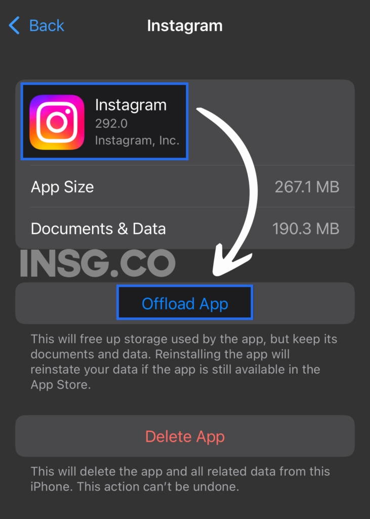 Offload Instagram App instructions to clear the cache