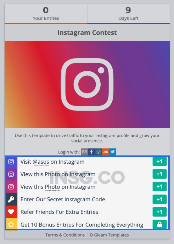 Instagram contest management template with rules for entries and days left to participate