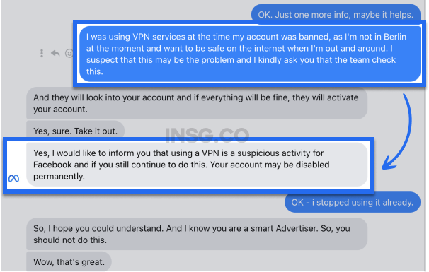Support discussion chat with support from Meta explaining that using a VPN on Instagram can result to an account disabled permanently.