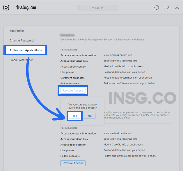 Revoke App and authorized application to get access to your Instagram account
