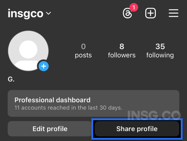 Share profile button on Instagram mobile