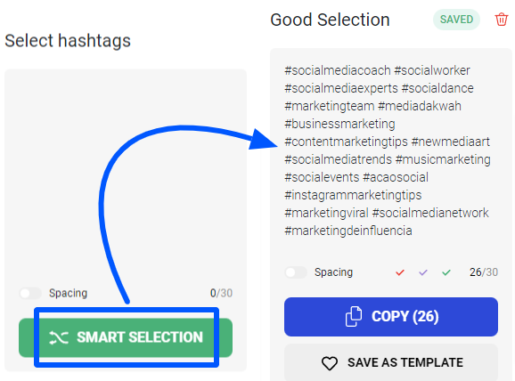 The smart selection to auto-select relevant hashtags by an IG hashtag generator