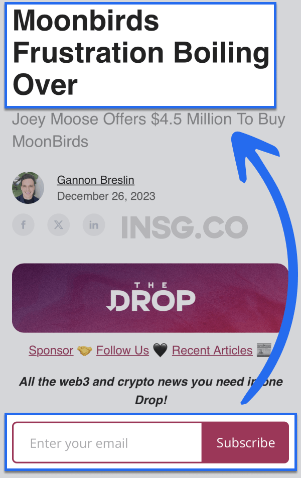 The Drop newsletter article display on mobile with the subscribe button